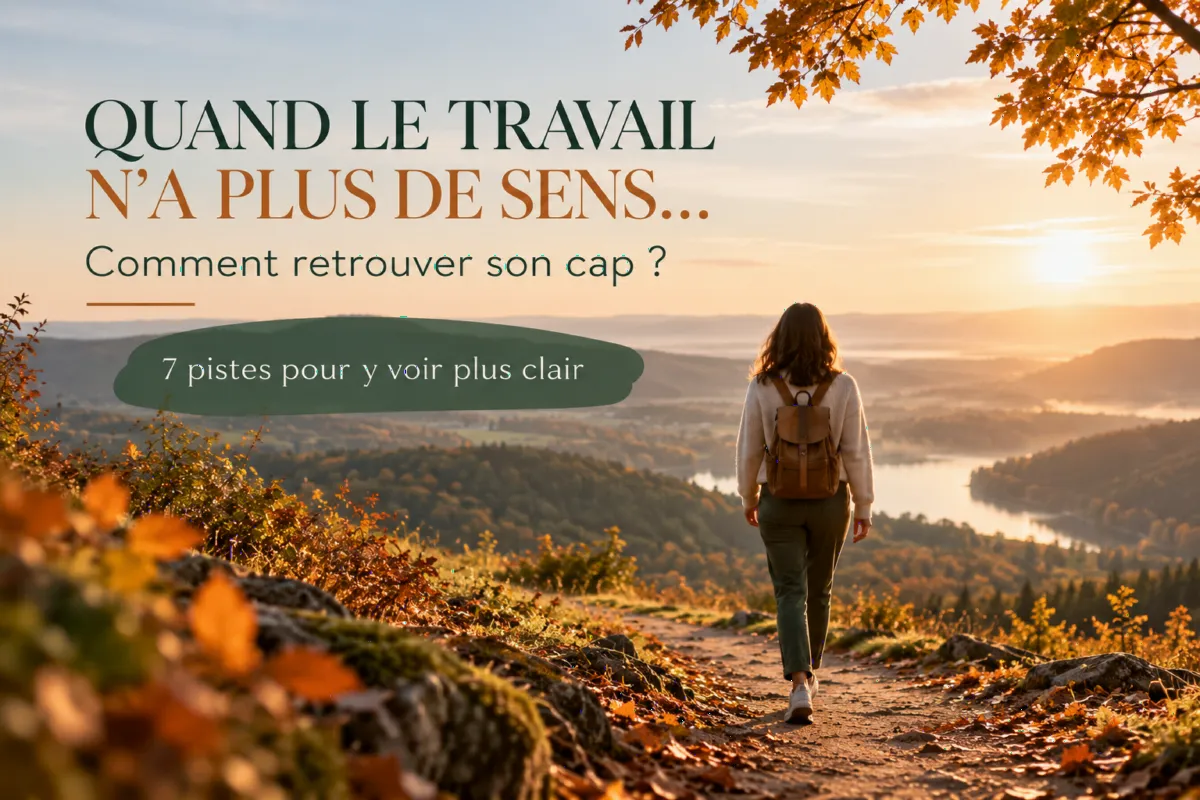 Femme marchant sur un sentier d’automne au lever du soleil : quand le travail n’a plus de sens, retrouver son cap